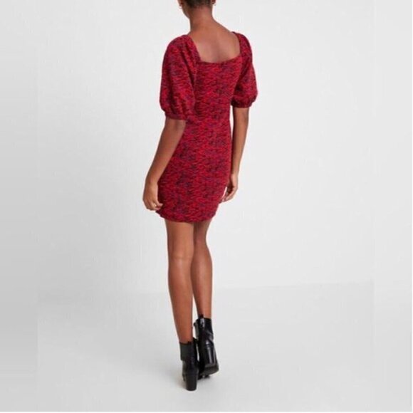 Free People Sunset Mini Dress L NWT Red Multi Print Puff Sleeve Bodycon Stretch - Picture 10 of 11